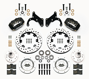 Wilwood Forged Dynalite Big Brake Front Brake Kit (Hub) Parts Laid Out - Black Powder Coat Caliper - SRP Drilled & Slotted Rotor