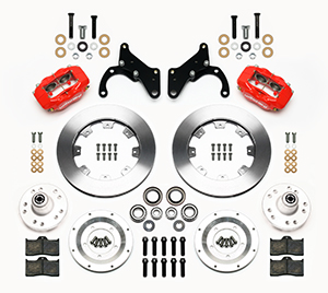 Wilwood Forged Dynalite Big Brake Front Brake Kit (Hub) Parts Laid Out - Red Powder Coat Caliper - Plain Face Rotor