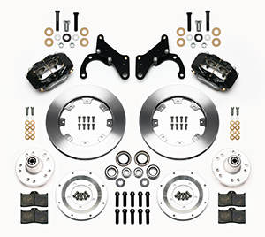 Wilwood Forged Dynalite Big Brake Front Brake Kit (Hub) Parts Laid Out - Black Powder Coat Caliper - Plain Face Rotor