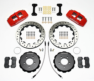 Wilwood Forged Dynapro 6 Big Brake Front Brake Kit (Hat) Parts Laid Out - Red Powder Coat Caliper - SRP Drilled & Slotted Rotor