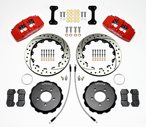 Wilwood Forged Dynapro 6 Big Brake Front Brake Kit (Hat) Parts Laid Out - Red Powder Coat Caliper - SRP Drilled & Slotted Rotor