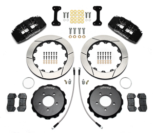 Wilwood Forged Dynapro 6 Big Brake Front Brake Kit (Hat) Parts Laid Out - Black Powder Coat Caliper