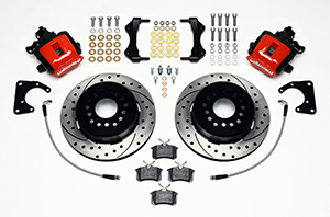 Wilwood Combination Parking Brake Caliper 1Pc Rotor Rear Brake Kit Parts Laid Out - Red Powder Coat Caliper - SRP Drilled & Slotted Rotor