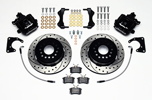 Wilwood Combination Parking Brake Caliper 1Pc Rotor Rear Brake Kit Parts Laid Out - Black Powder Coat Caliper - SRP Drilled & Slotted Rotor