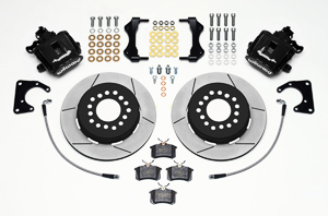 Wilwood Combination Parking Brake Caliper 1Pc Rotor Rear Brake Kit Parts Laid Out - Black Powder Coat Caliper - GT Slotted Rotor