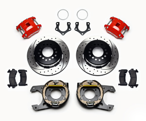 Wilwood D154 Rear Parking Brake Kit Parts Laid Out - Red Powder Coat Caliper - SRP Drilled & Slotted Rotor