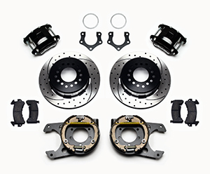 Wilwood D154 Rear Parking Brake Kit Parts Laid Out - Black Powder Coat Caliper - SRP Drilled & Slotted Rotor