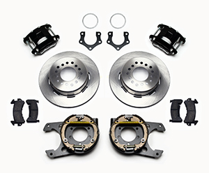 Wilwood D154 Rear Parking Brake Kit Parts Laid Out - Black Powder Coat Caliper - Plain Face Rotor