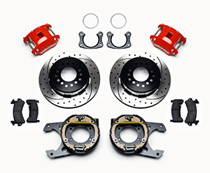 Wilwood D154 Rear Parking Brake Kit Parts Laid Out - Red Powder Coat Caliper - SRP Drilled & Slotted Rotor