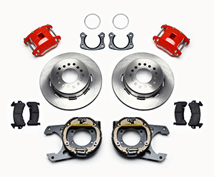 Wilwood D154 Rear Parking Brake Kit Parts Laid Out - Red Powder Coat Caliper - Plain Face Rotor