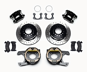 Wilwood D154 Rear Parking Brake Kit Parts Laid Out - Black Powder Coat Caliper - SRP Drilled & Slotted Rotor