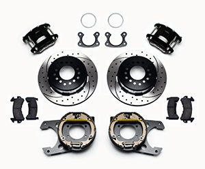 Wilwood D154 Rear Parking Brake Kit Parts Laid Out - Black Powder Coat Caliper - SRP Drilled & Slotted Rotor