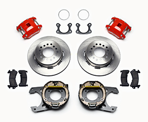 Wilwood D154 Rear Parking Brake Kit Parts Laid Out - Red Powder Coat Caliper - Plain Face Rotor