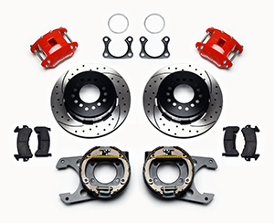 Wilwood D154 Rear Parking Brake Kit Parts Laid Out - Red Powder Coat Caliper - SRP Drilled & Slotted Rotor