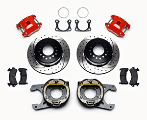 Wilwood D154 Rear Parking Brake Kit Parts Laid Out - Red Powder Coat Caliper - SRP Drilled & Slotted Rotor