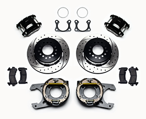 Wilwood D154 Rear Parking Brake Kit Parts Laid Out - Black Powder Coat Caliper - SRP Drilled & Slotted Rotor