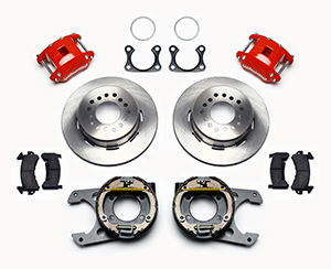 Wilwood D154 Rear Parking Brake Kit Parts Laid Out - Red Powder Coat Caliper - Plain Face Rotor