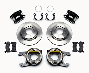 Wilwood D154 Rear Parking Brake Kit Parts Laid Out - Black Powder Coat Caliper - Plain Face Rotor