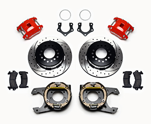 Wilwood D154 Rear Parking Brake Kit Parts Laid Out - Red Powder Coat Caliper - SRP Drilled & Slotted Rotor