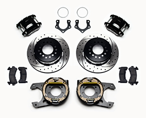 Wilwood D154 Rear Parking Brake Kit Parts Laid Out - Black Powder Coat Caliper - SRP Drilled & Slotted Rotor