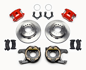 Wilwood D154 Rear Parking Brake Kit Parts Laid Out - Red Powder Coat Caliper - Plain Face Rotor