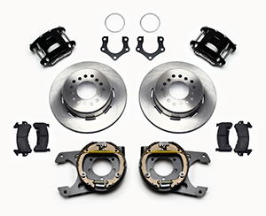 Wilwood D154 Rear Parking Brake Kit Parts Laid Out - Black Powder Coat Caliper - Plain Face Rotor