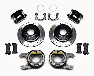 Wilwood D154 Rear Parking Brake Kit Parts Laid Out - Black Powder Coat Caliper - SRP Drilled & Slotted Rotor