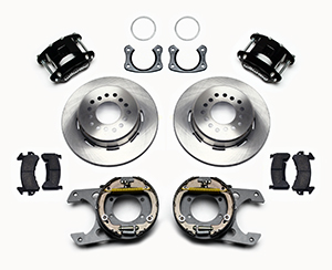 Wilwood D154 Rear Parking Brake Kit Parts Laid Out - Black Powder Coat Caliper - Plain Face Rotor