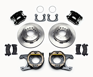 Wilwood D154 Rear Parking Brake Kit Parts Laid Out - Black Powder Coat Caliper - Plain Face Rotor