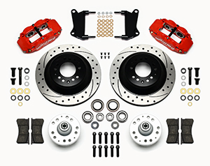 Wilwood Forged Narrow Superlite 6R Big Brake Front Brake Kit (Hub and 1PC Rotor) Parts Laid Out - Red Powder Coat Caliper - SRP Drilled & Slotted Rotor