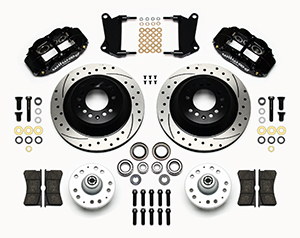 Wilwood Forged Narrow Superlite 6R Big Brake Front Brake Kit (Hub and 1PC Rotor) Parts Laid Out - Black Powder Coat Caliper - SRP Drilled & Slotted Rotor