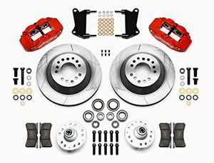 Wilwood Forged Narrow Superlite 6R Big Brake Front Brake Kit (Hub and 1PC Rotor) Parts Laid Out - Red Powder Coat Caliper - GT Slotted Rotor
