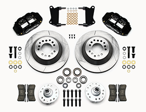 Wilwood Forged Narrow Superlite 6R Big Brake Front Brake Kit (Hub and 1PC Rotor) Parts Laid Out - Black Powder Coat Caliper - GT Slotted Rotor