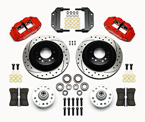 Wilwood Forged Narrow Superlite 6R Big Brake Front Brake Kit (Hub and 1PC Rotor) Parts Laid Out - Red Powder Coat Caliper - SRP Drilled & Slotted Rotor