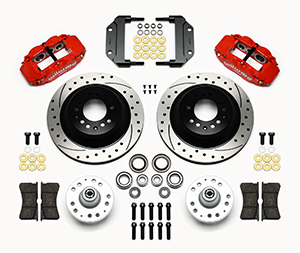 Wilwood Forged Narrow Superlite 6R Big Brake Front Brake Kit (Hub and 1PC Rotor) Parts Laid Out - Red Powder Coat Caliper - SRP Drilled & Slotted Rotor