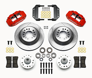 Wilwood Forged Narrow Superlite 6R Big Brake Front Brake Kit (Hub and 1PC Rotor) Parts Laid Out - Red Powder Coat Caliper - GT Slotted Rotor