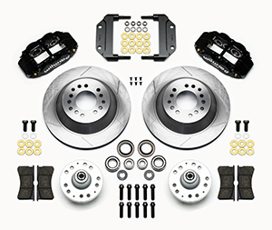 Wilwood Forged Narrow Superlite 6R Big Brake Front Brake Kit (Hub and 1PC Rotor) Parts Laid Out - Black Powder Coat Caliper - GT Slotted Rotor