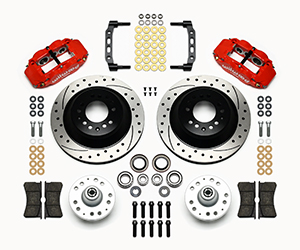 Wilwood Forged Narrow Superlite 6R Big Brake Front Brake Kit (Hub and 1PC Rotor) Parts Laid Out - Red Powder Coat Caliper - SRP Drilled & Slotted Rotor