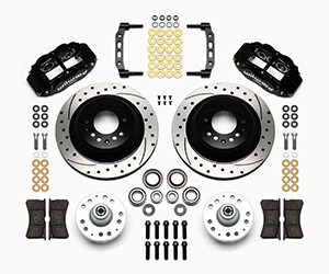 Wilwood Forged Narrow Superlite 6R Big Brake Front Brake Kit (Hub and 1PC Rotor) Parts Laid Out - Black Powder Coat Caliper - SRP Drilled & Slotted Rotor