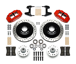 Wilwood Forged Narrow Superlite 6R Big Brake Front Brake Kit (Hub and 1PC Rotor) Parts Laid Out - Red Powder Coat Caliper - SRP Drilled & Slotted Rotor