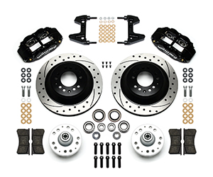 Wilwood Forged Narrow Superlite 6R Big Brake Front Brake Kit (Hub and 1PC Rotor) Parts Laid Out - Black Powder Coat Caliper - SRP Drilled & Slotted Rotor