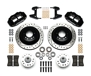 Wilwood Forged Narrow Superlite 6R Big Brake Front Brake Kit (Hub and 1PC Rotor) Parts Laid Out - Black Powder Coat Caliper - SRP Drilled & Slotted Rotor