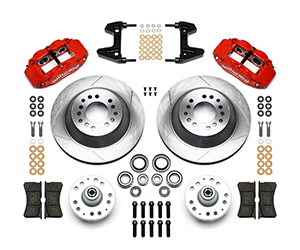 Wilwood Forged Narrow Superlite 6R Big Brake Front Brake Kit (Hub and 1PC Rotor) Parts Laid Out - Red Powder Coat Caliper - GT Slotted Rotor