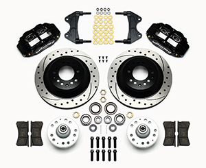 Wilwood Forged Narrow Superlite 6R Big Brake Front Brake Kit (Hub and 1PC Rotor) Parts Laid Out - Black Powder Coat Caliper - SRP Drilled & Slotted Rotor