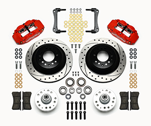 Wilwood Forged Narrow Superlite 6R Big Brake Front Brake Kit (Hub and 1PC Rotor) Parts Laid Out - Red Powder Coat Caliper - SRP Drilled & Slotted Rotor