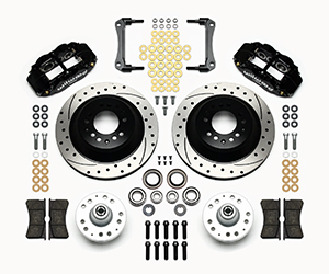 Wilwood Forged Narrow Superlite 6R Big Brake Front Brake Kit (Hub and 1PC Rotor) Parts Laid Out - Black Powder Coat Caliper - SRP Drilled & Slotted Rotor