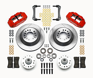 Wilwood Forged Narrow Superlite 6R Big Brake Front Brake Kit (Hub and 1PC Rotor) Parts Laid Out - Red Powder Coat Caliper - GT Slotted Rotor