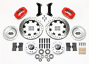 Wilwood Forged Dynalite Big Brake Front Brake Kit (Hub) Parts Laid Out - Red Powder Coat Caliper - SRP Drilled & Slotted Rotor