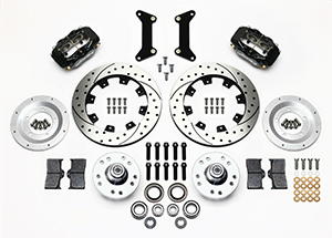 Wilwood Forged Dynalite Big Brake Front Brake Kit (Hub) Parts Laid Out - Black Powder Coat Caliper - SRP Drilled & Slotted Rotor