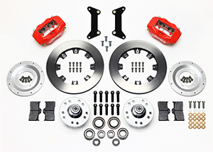 Wilwood Forged Dynalite Big Brake Front Brake Kit (Hub) Parts Laid Out - Red Powder Coat Caliper - Plain Face Rotor